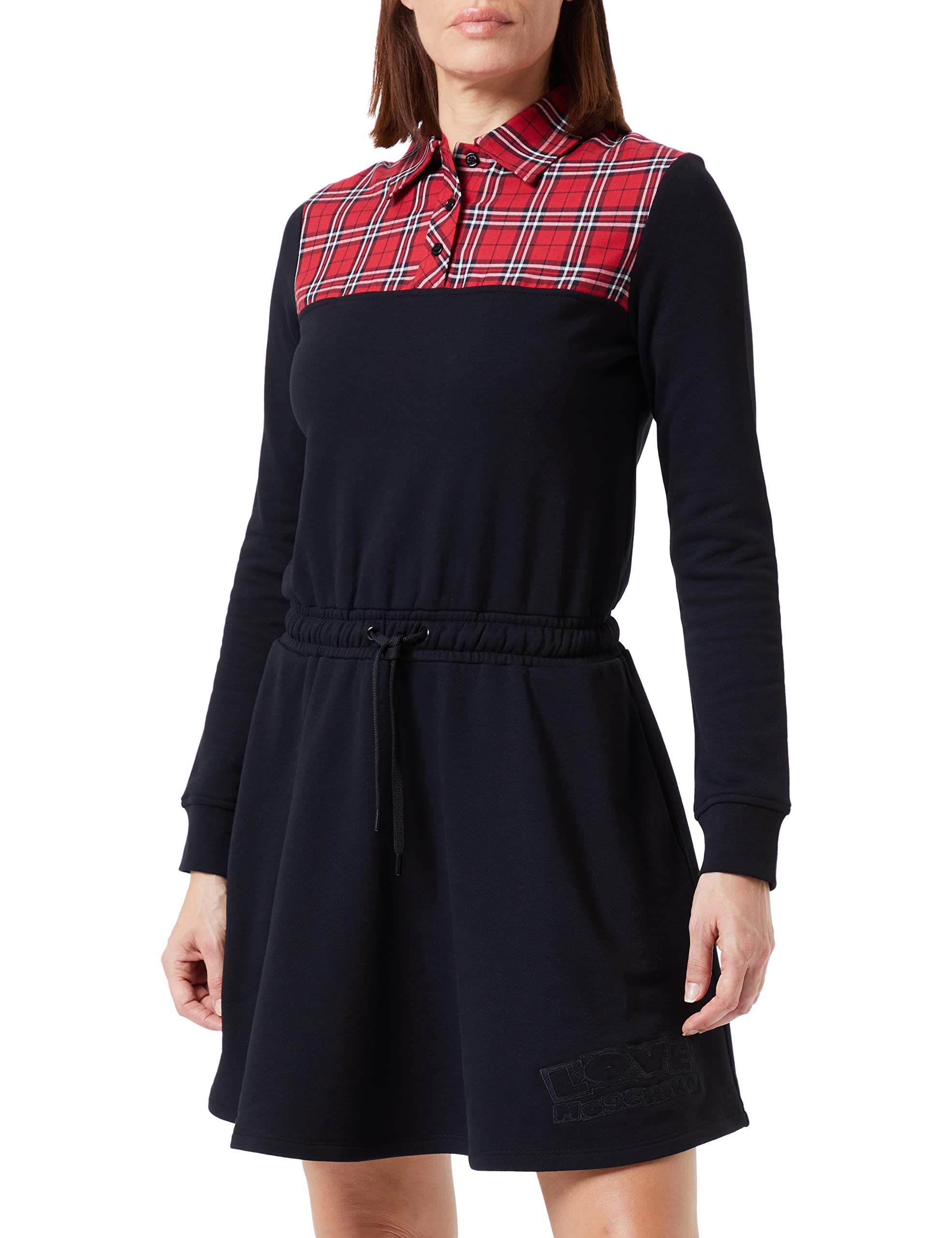 Love Moschino Damen Long Sleeves in 100% Cotton Fleece With Drawstring At The Waist And Round Skirt Dress, Red Green, 42 EU