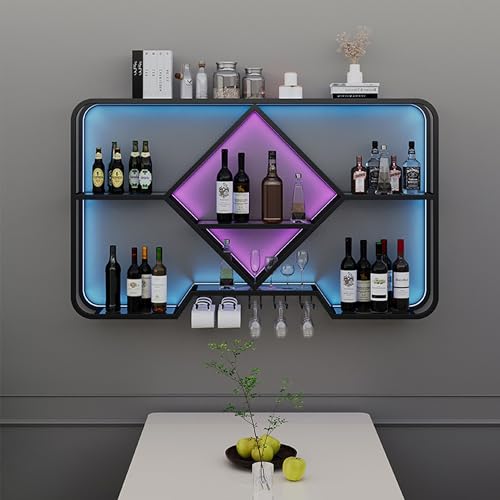 HSJFS Metall Wein Rack Wand Montiert Mit Hängendem Wein Glas Halter Rack Liquor Regal Mini Bar Küche Speicher Rack Wand Bar Schrank Liquor Flasche Display Regal Für Küche Esszimmer Bar Dekoration/Blac