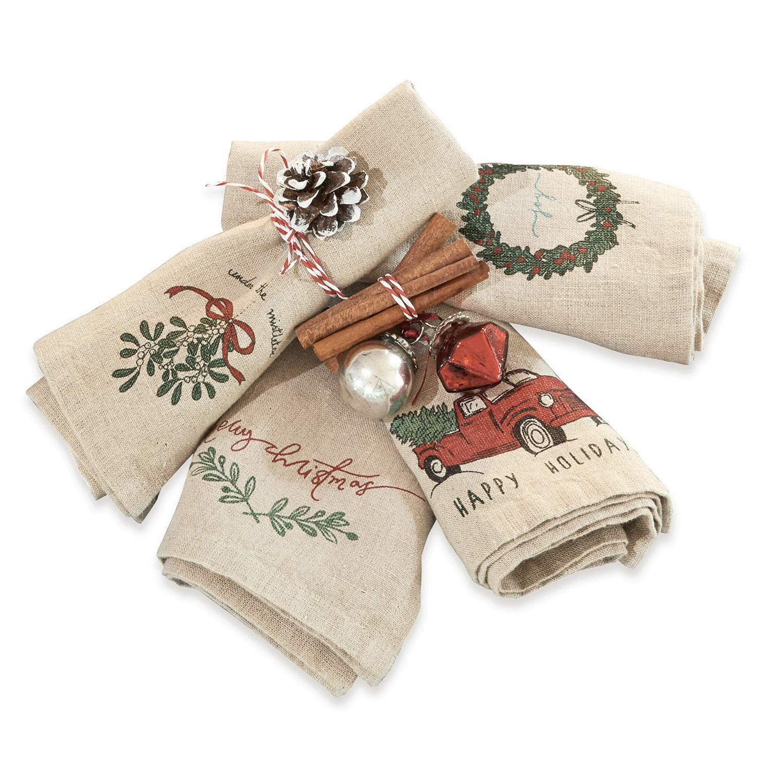 Loberon Serviette 4er Set Camon, Natürliche Optik, Nostalgische Motive, Festliche Tischdekoration, Weihnachtsstimmung, Weihnachtsdeko, Weihnachtliche Textilien, Leinen, beige