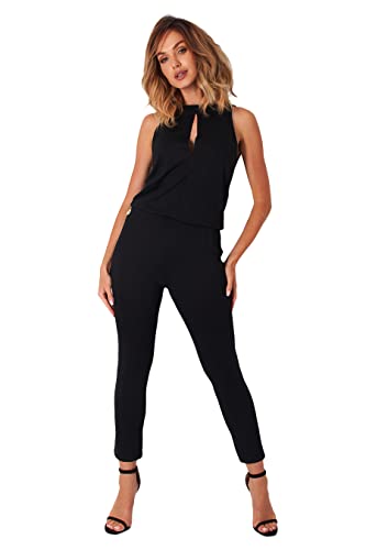 Lemoniade stylischer Jumpsuit Made in EU mit V-Ausschnitt und raffinierten Details (M, Schwarz Neckholder)