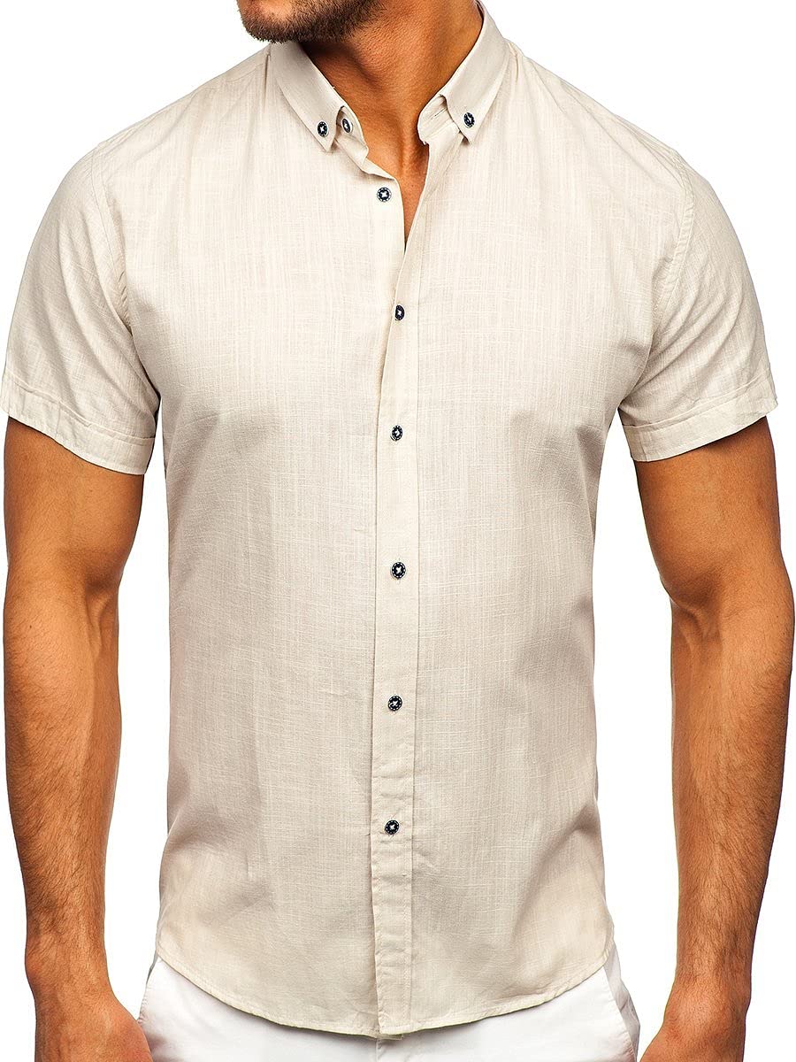 BOLF Herren Kurzarmhemd Sommerhemd Freizeithemd Strandhemd Urlaub Hemd aus 100% Baumwolle Atmungsaktiv Stoff Dünnes Hemd für Sommer Slim Fit Button Down Casual Style 20501 Ecru M [2B2]