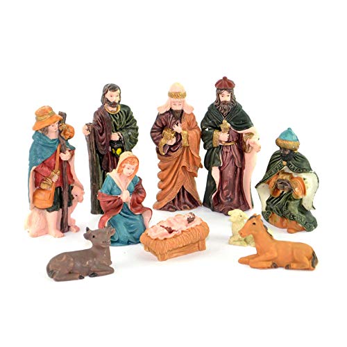 SHATCHI Kleine/große handgefertigte Weihnachtskrippe Geburt Jesus Christus Holzstall und 10 Stück/12 Stück Figur Haus Skulptur Weihnachtsdekoration Weihnachtsdekoration, Mehrfarbig, 10 Stück Figuren