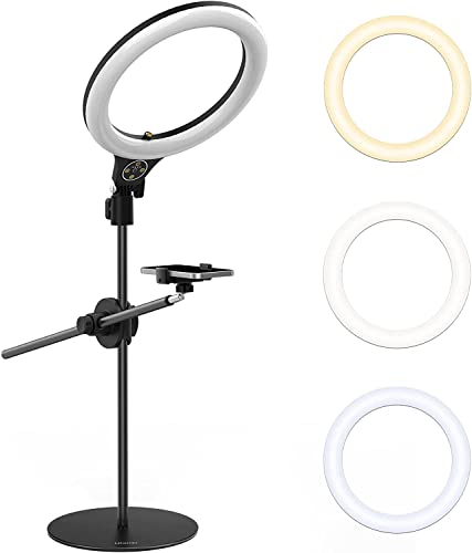 Overhead Stativ Handy mit 10 Zoll Ringlicht, ULANZI Selfie Ringlicht mit stativ Handy, 3500k-6500K Dimmbar,Handy Stativ mit Ringlicht für Videoaufnahmen, Live-Stream, Portrait, Makeup