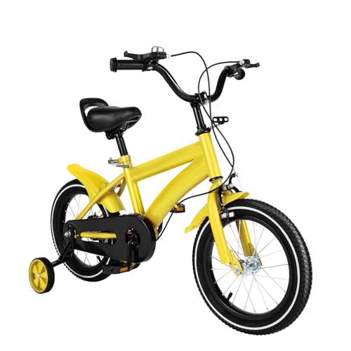 Fridgestea 14 Zoll Kinderfahrrad, Fahrrad Kinderfahrräder Kinder Trainingsfahrräder mit Abnehmbare Stützräder, HöHenverstellbar, Geschenk für Jungen Mädchen ab 3-6 Jahre (Gelb)