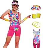 AYYOHON 80er Jahre Workout Kostüm Outfit Trikot Leggings Armbänder Sonnenblende Ohrringe Set Halloween Frauen Margot Robbie Cosplay L