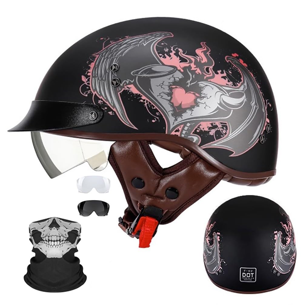 Motorrad Halbhelm Halbschalenhelm Mit Gesichtsschutz ECE-Zulassung Motorradhelm Brain Cap Einziehbaren InnengläSern Schnellverschluss Abnehmbares Waschbares Futter M-2XL 57-64CM