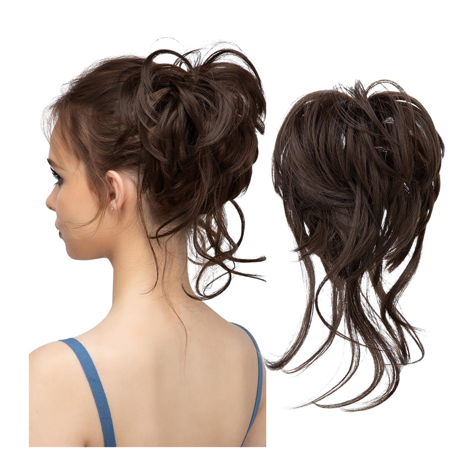 Haarteil Synthetischer unordentlicher Dutt, elastische Haarteile, lockiges Haargummi, Schwarzbraun, tägliches Chignon-Band, Hochsteckfrisur, Donut, natürliches Kunsthaar for Frauen Haarverlängerung(6)