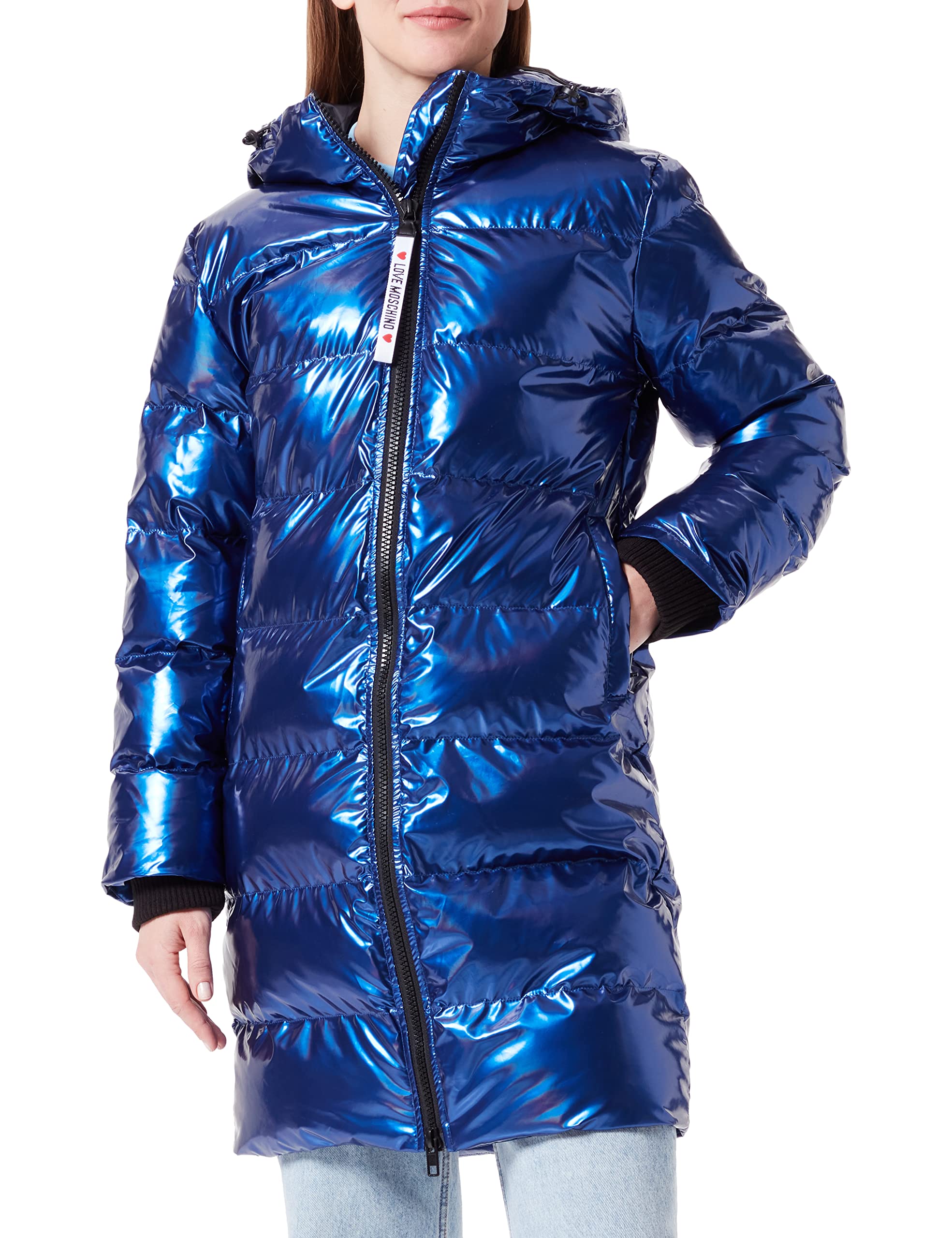 Love Moschino Women's super-Shiny Light Technical Fabric Zip Puller. Jacket, Blue, 46