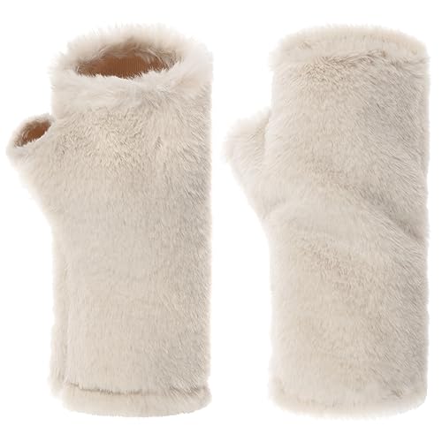 McBURN Faux Fur Stulpen Pulswärmer Fingerlose Handschuhe Damen - Made in Italy Herbst-Winter - One Size cremeweiß