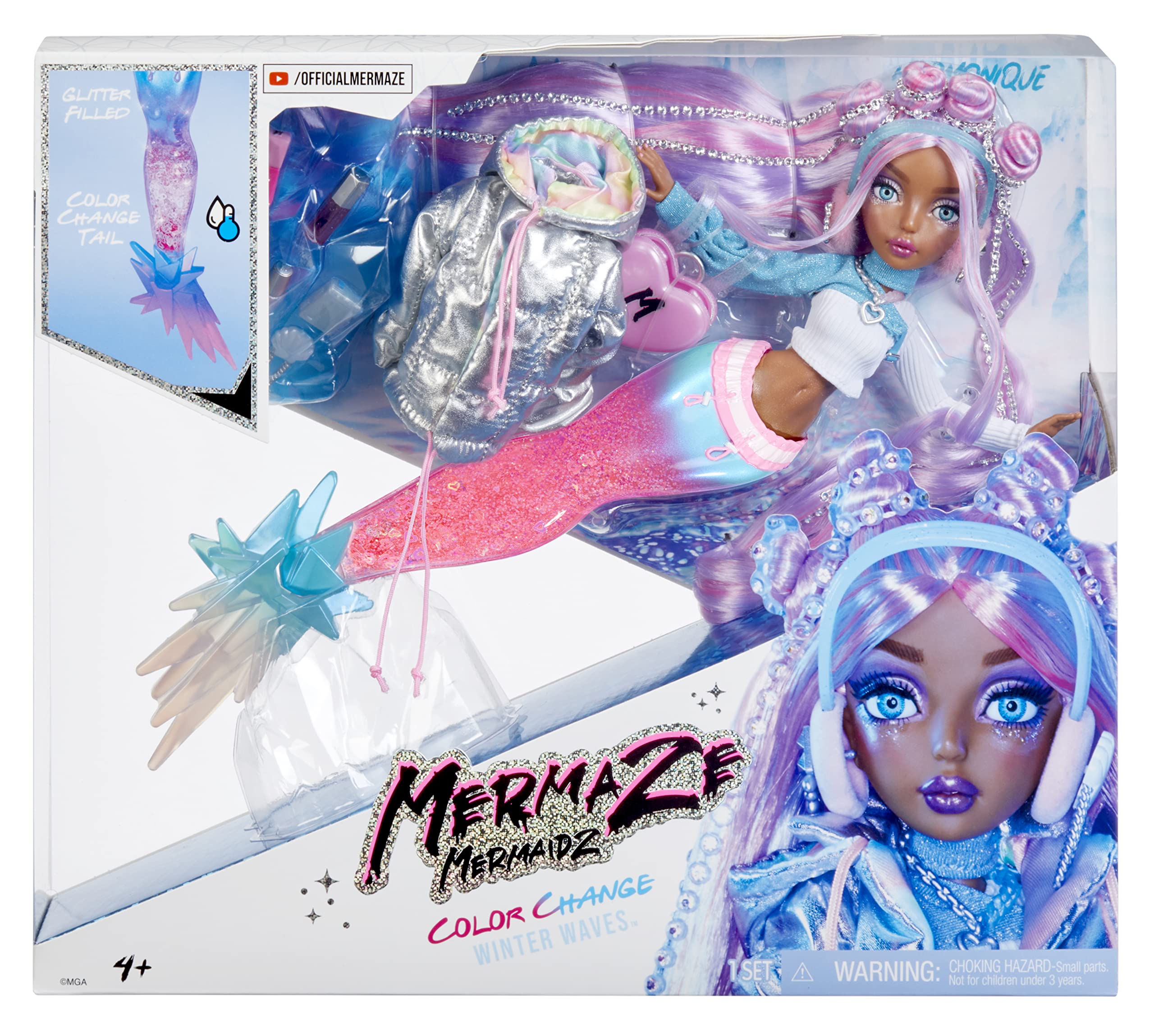 Mermaze Mermaidz Winter Waves - HARMONIQUE - Meerjungfrauen-Puppe, Flosse mit Farbwechsel, Schwanz mit Glitzerfüllung und Accessoires - Für Kinder und Sammler ab 4 Jahren