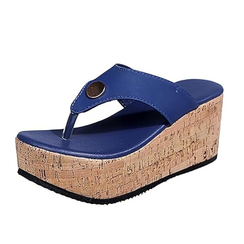 Flip-Flops für Damen, Meer, hohe Hausschuhe für Mädchen, Sommer, Damen, geschlossen, mit Keilabsatz, Strandsandalen, Schwimmbad, Hausschuhe für Wandern, im Freien, Meer, blau, 41 EU