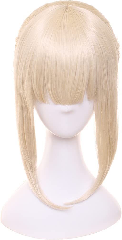 LINLINCD-Wig Anime Cosplay Anime Cosplay Perücke Fate Grand Order Perücke Säbel Artoria Perücke Frauen Golden mit Pony Kurzhaar mit Perückenkappe for Halloween Party Karneval Nachtleben Konzerte Hochz