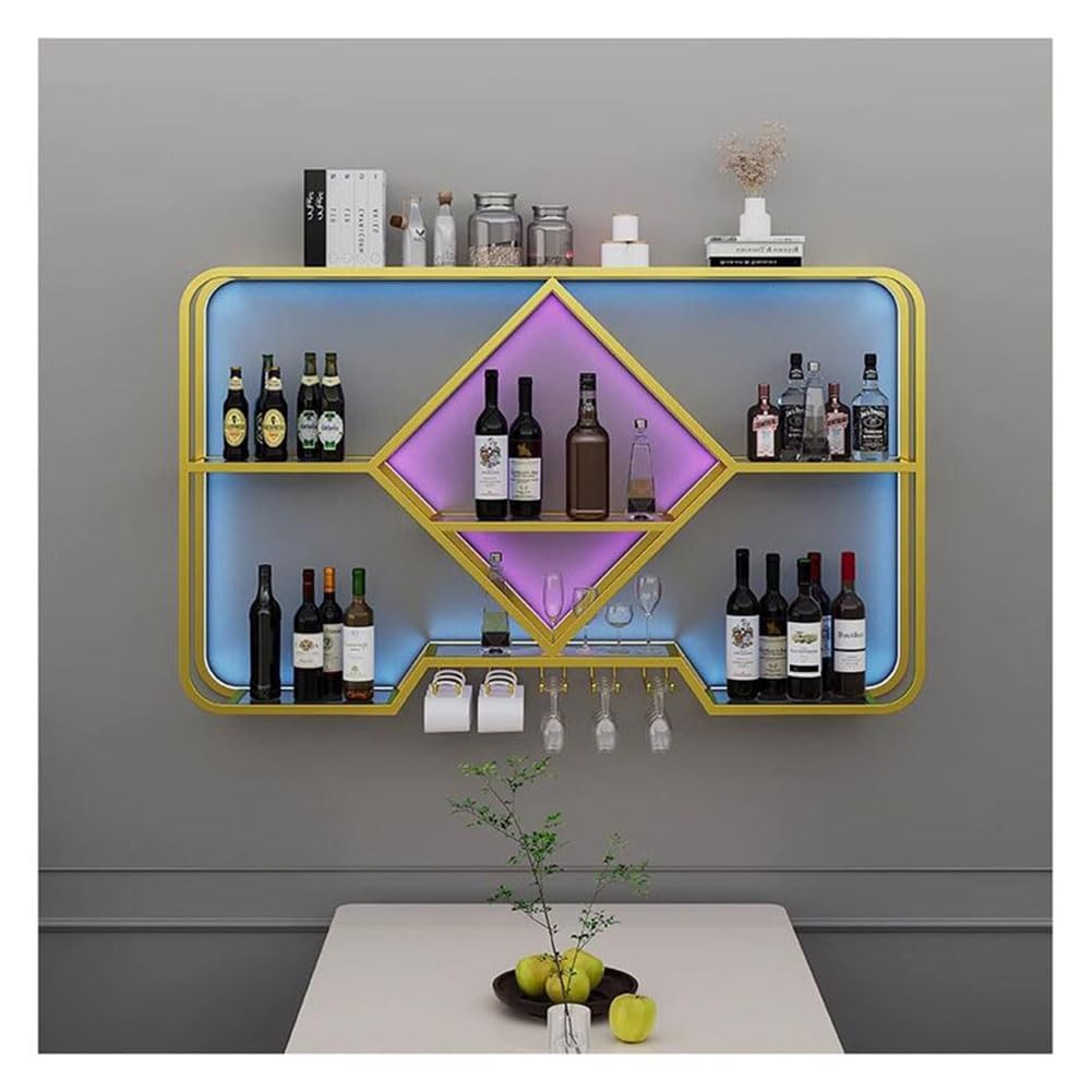 BFVAKBKYT Hängende industrielle runde Weinregale, An der Wand montiertes Weinregal mit LED-Licht, for Küche, Wohnzimmer, Hausbar, Café(Gold,140x20x70cm)