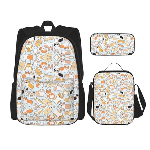 WURTON 3-in-1 Büchertaschen-Set, verstellbarer Schulterrucksack, Lunch-Tasche, Federmäppchen, Beutel, Box, Schwarz, Einheitsgröße