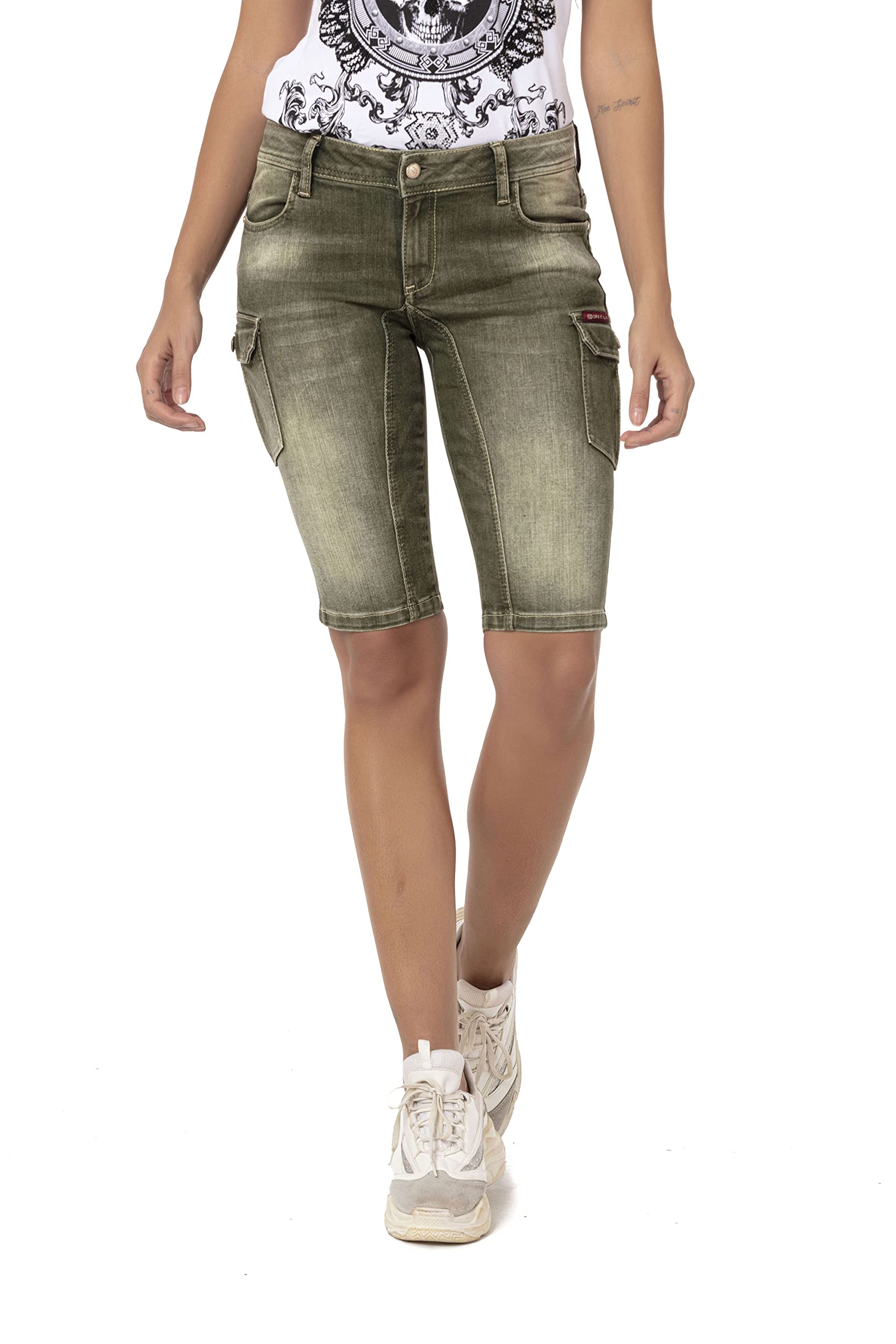 Cipo & Baxx Damen Shorts Kurzehose Sommer Bermuda Capri Jeansshorts Cargotaschen WK178 Khaki W28