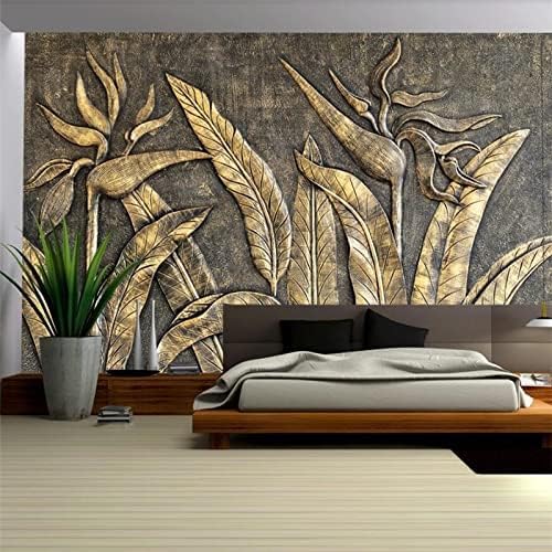 XLMING Goldener Paradiesvogel Wandskulptur Küche Esszimmer Arbeitszimmer Wohnzimmer TV Hintergrund Wand 3D Tapete-250cm×170cm