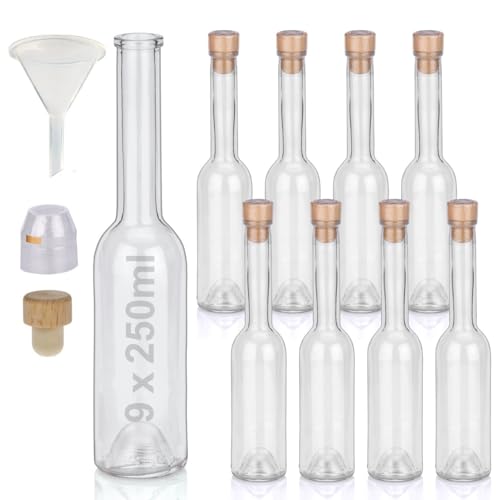 Flaschen Set 9 x 250ml hochwertige Glasflaschen leer mit Korken Schrumpfkapseln & 1 Trichter zum selbst Befüllen mit Gin Whisky Schnaps Likör Essig Öl günstige Flaschen Ginflaschen Whiskyflaschen