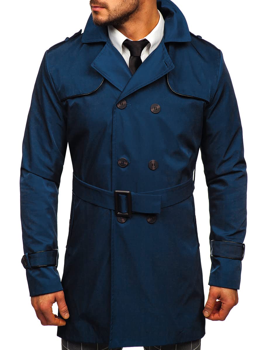 BOLF Herren Mantel Trenchcoat Zweireihiger Reverskragen Herrenmantel mit Gürtel Stehkragen Regenmantel Freizeit Jacke Lange Outdoor Style 0001 Blau(Hell) S [4D4]