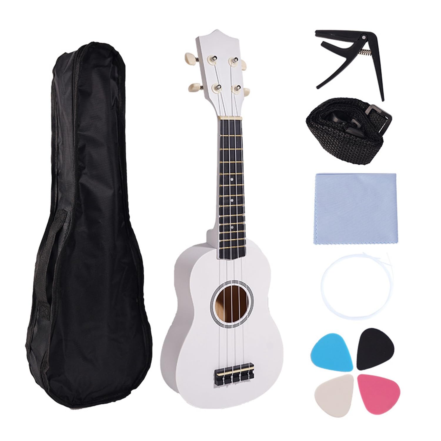 Sunmeit 21-Ukulele-Set für AnfäNger, 4-Saitige Kleine Gitarre, Lindenholz-Ukulele mit Tragetaschenclip und 4 Plektren - Weiß