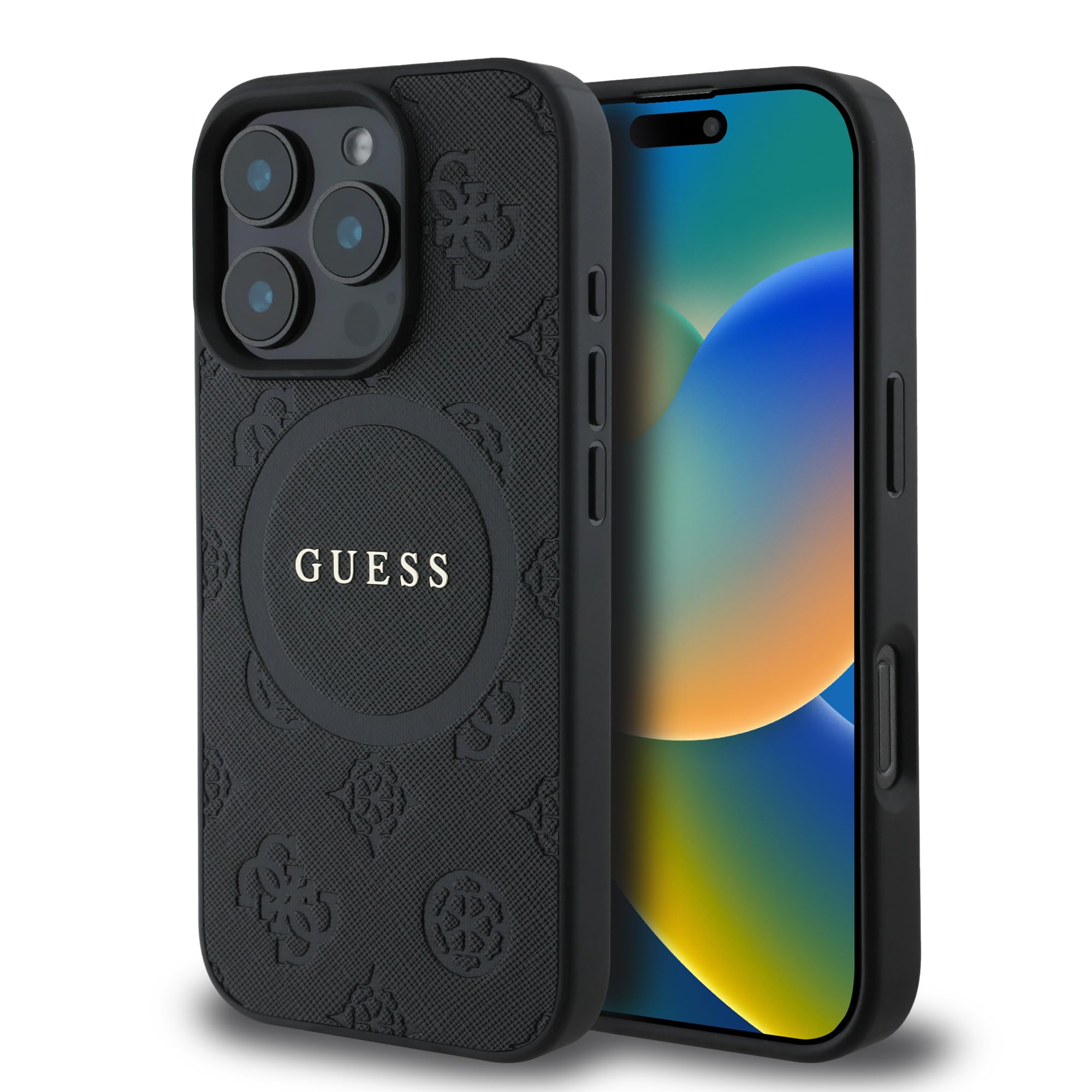 CG MOBILE Guess Handyhülle für iPhone 16 Pro Max, langlebig, stoßfest, kompatibel mit Magsafe, Saffiano Peony Classic Logo Hülle, Schwarz