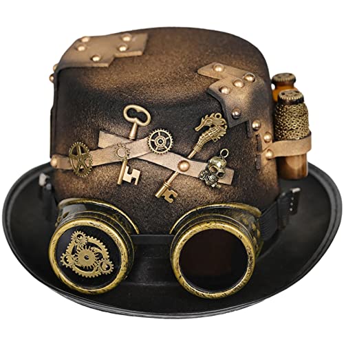 Oadnijuie Steampunk Zylinder mit Brille Steampunk Bowler Zylinder Hut Kostüm Zubehör Karneval Nachtclub Steampunk Zylinder mit Brille