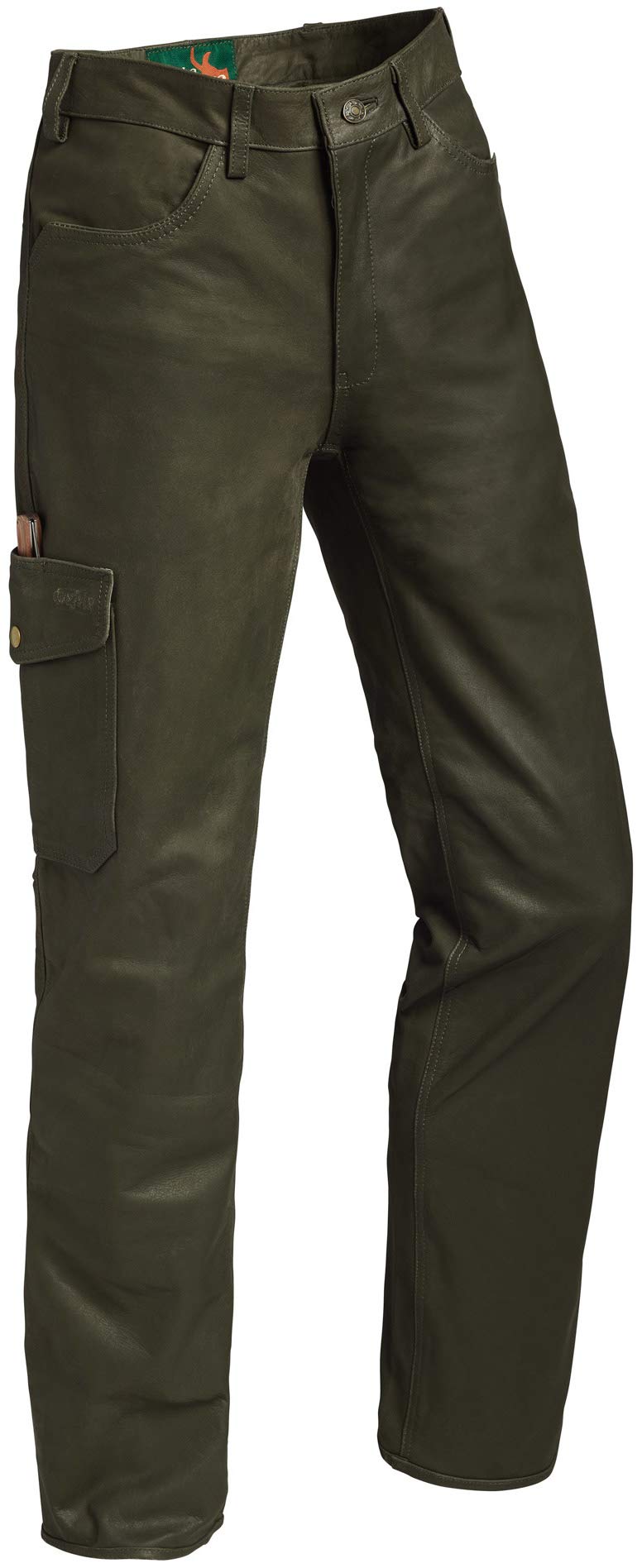 La Chasse Lederhose aus Büffelleder mit Beintasche für Damen strapazierfähig Trachtenhose Büffellederhose Jagdlederhose Damenhose mit ausknöpfbarem Innenfutter (40 (Damengröße), Grün (Oliv))