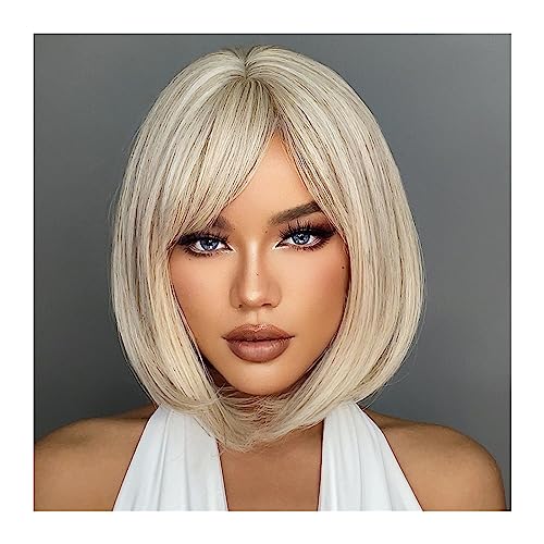 Perücken Weiße blonde graue synthetische Perücken mit Pony, kurze gerade Bob-Haarperücke for Frauen, Cosplay, tägliches natürliches Haar, hitzebeständig Die besten Perücken aus Echthaar