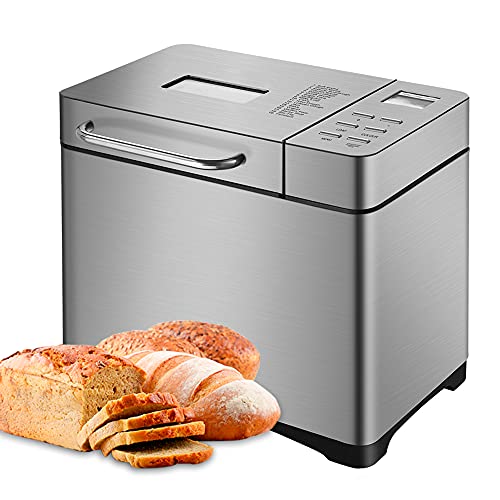 PIOJNYEN 19-in-1 Brotbackautomat Edelstahl Brotbackmaschine 650W Automatisches Zutatenfach, Digital Touch Panel, Mixen, Kneten, Backen, Fruchtspender, 7 Zubehörteile