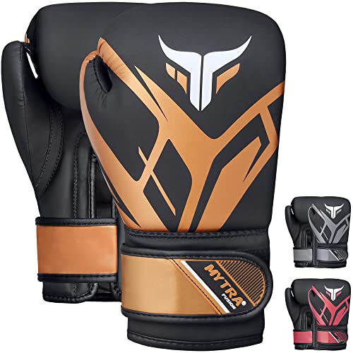 Mytra Fusion Kids Boxhandschuhe Junior Boxhandschuhe mit belüfteter Handfläche MMA, Muay Thai, Sparring, Fighting, Punching Gloves (Black/Gold, 6-oz)