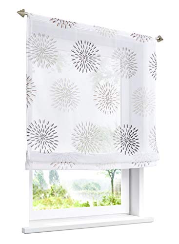 LiYa 1 Stück Raffrollo mit Kreis-Motiven Floral Design Raffgardine Voile Transparent Vorhang (BxH 80x140cm, Braun mit Tunnelzug)