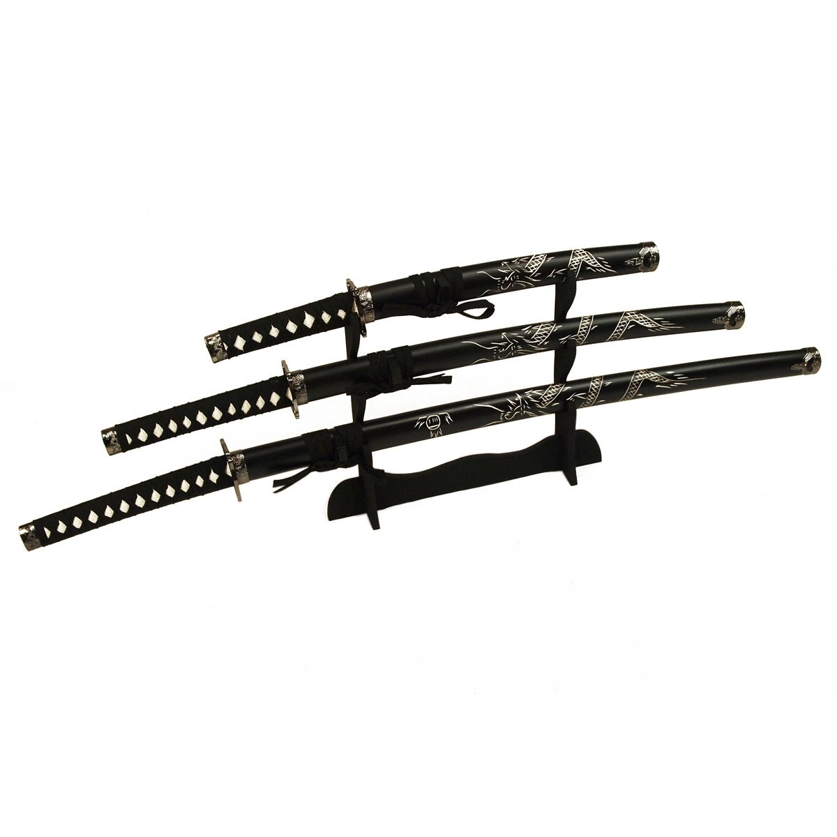 DerShogun Samuraischwert Set mit eingeschnitztem Drache Katana Wakizashi Tanto mit Schwertständer