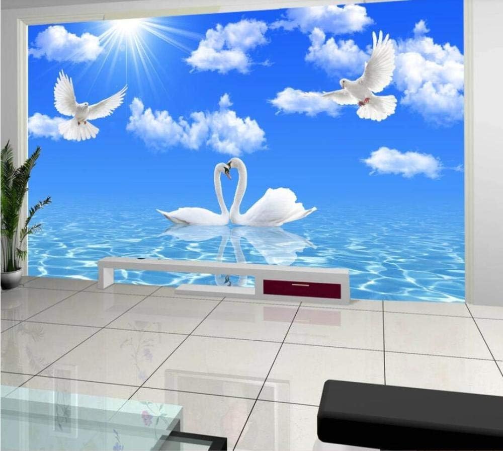 Blauer Himmel Weiße Wolken Schwäne 3D Tapete Poster Restaurant Schlafzimmer Wohnzimmer Sofa TV Dekorative Wand-250cm×170cm