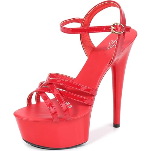 RUIZE Damen High Heels 15 cm/5,9 Zoll Plateau Pumps Sexy Stripper Bühnenauftritt Nachtclub Party Tanz High Heels,Rot,43