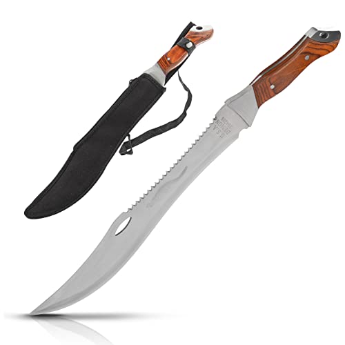 KOSxBO® große Machete mit Säge - Buschmesser - USA Crocodile Dundee Messser - 44,7cm lang - Survival - Freizeitmesser - Outdoor - Jagd - Macheten, braun Silber