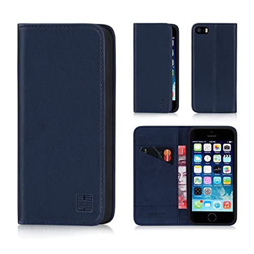 32nd Klassische Series - Lederhülle Case Cover für Apple iPhone 5, 5S & SE (2016), Echtleder Hülle Entwurf gemacht Mit Kartensteckplatz, Magnetisch und Standfuß - Marineblau