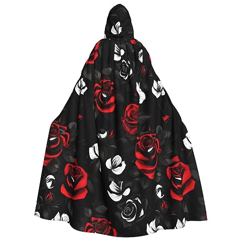 WURTON Schwarz Weiß und Rot Rosen Druck Unisex Kapuzenumhang Halloween Karneval Vampir Cosplay Umhang Kapuzenumhang Kostüm