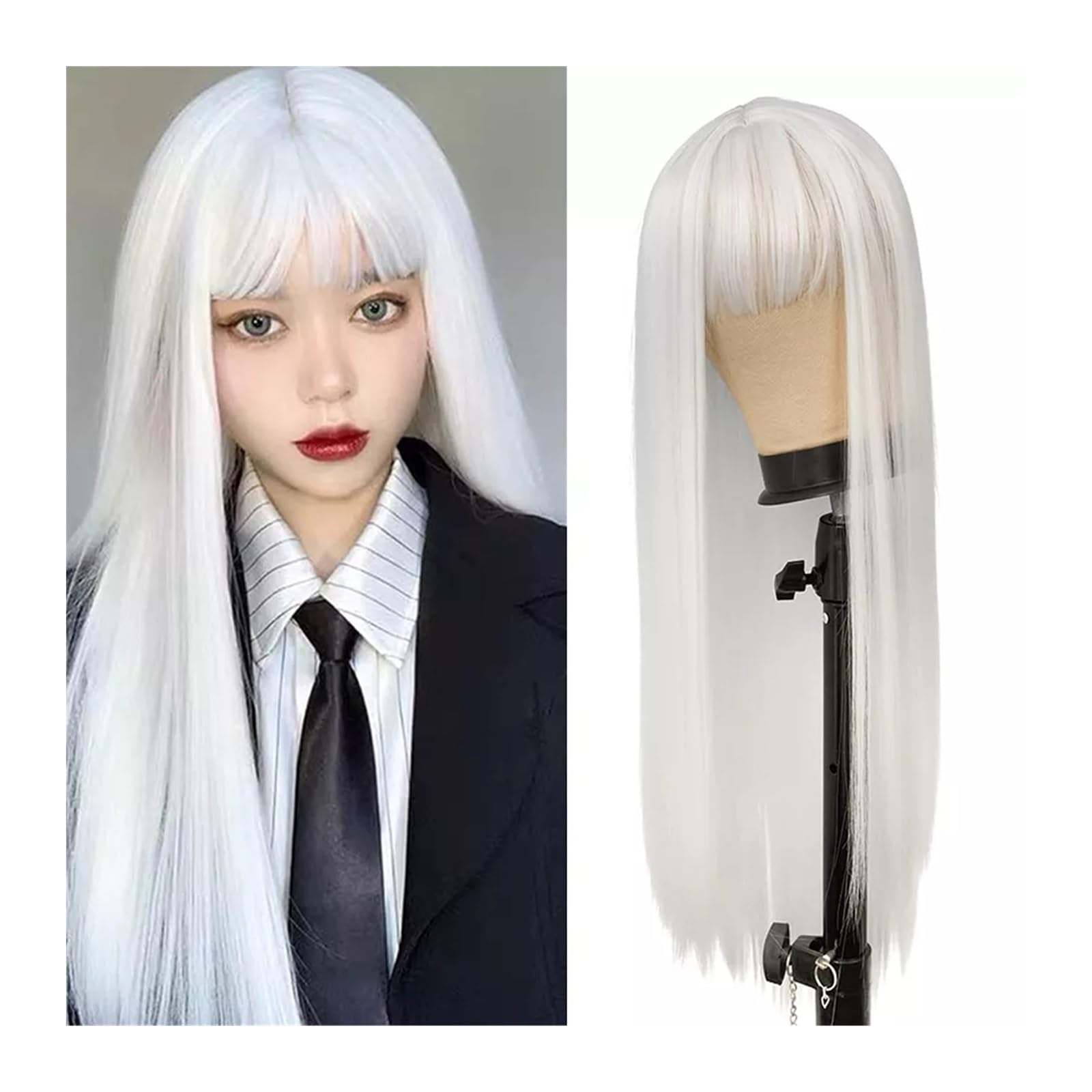 Perücken Lolita hitzebeständige Faser-Synthetik-Perücke, weiße Damen, langes glattes Haar mit Pony, Cosplay, 28 Zoll, reinweiße Perücke, Anime Damenperücke(White wig P1)