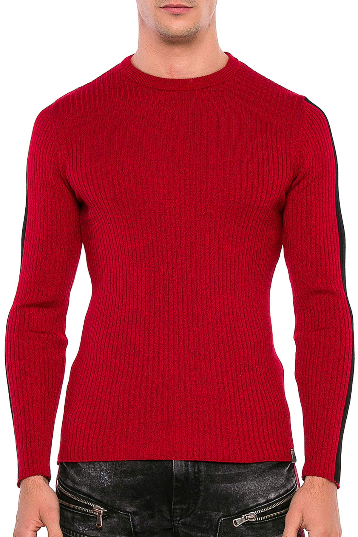 Cipo & Baxx Herren Rippenstrickpullover Langarmshirt Sweater Longsleeve Body Fit Sweatshirt Pulli Rot M