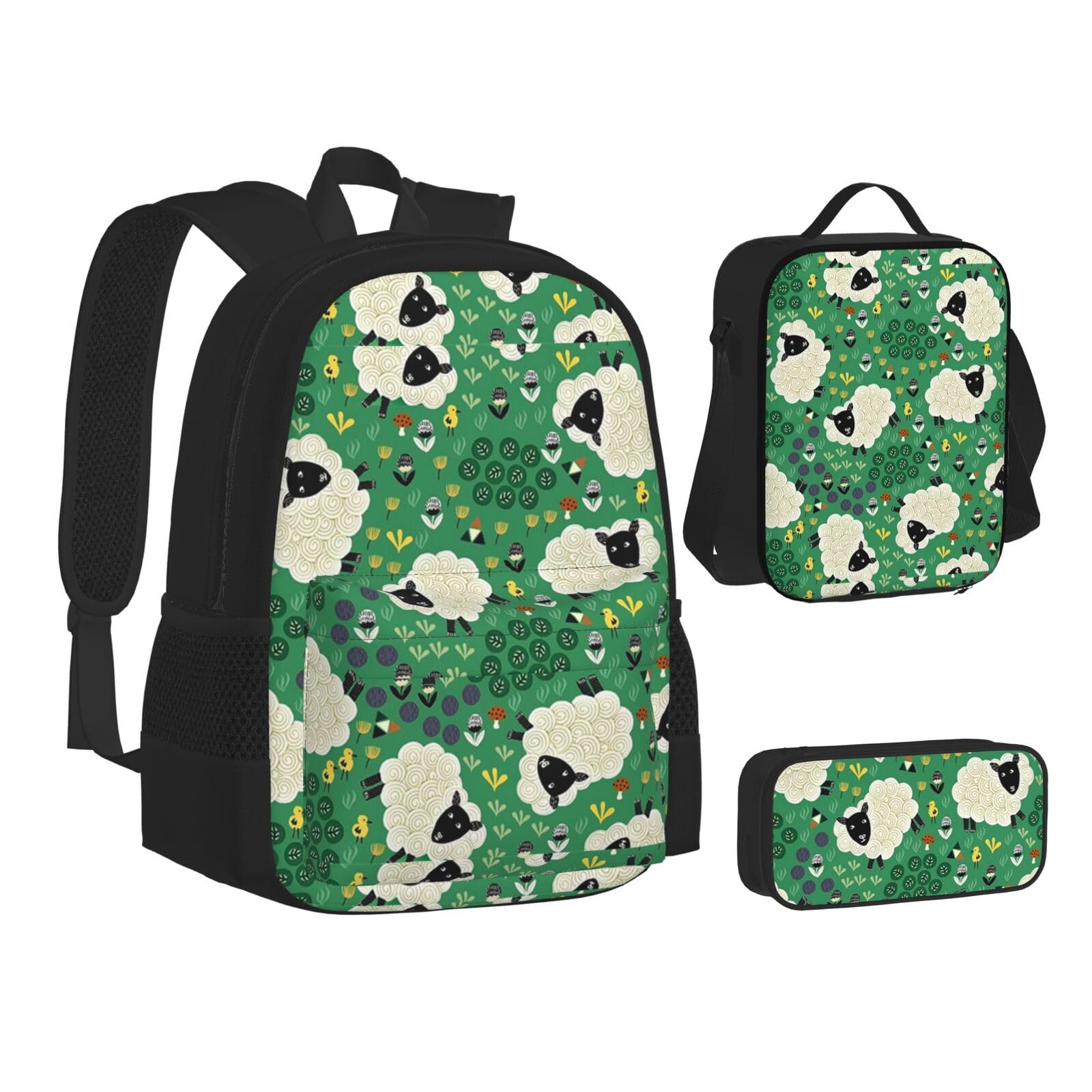 WURTON Niedlicher Cartoon-Schaf-Druck, Teenager-Rucksack, 3-in-1 (Federmäppchen + Schultasche + Lunchtasche)