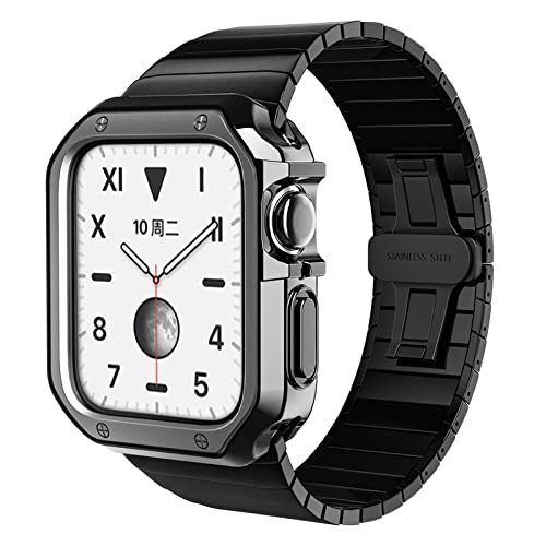 KANUZ Edelstahlarmband und Silikonhülle für Apple Watch Band 45 41 44 40 38 mm 42 mm, Stoßstangen-Rahmenabdeckung für iWatch Serie 5, 4, 3, SE, 6, 7, 8 (Farbe: Preto, Größe: 44 mm)