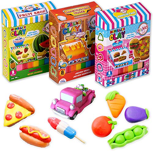 Playmags Playkidiz 3er-Pack Polymer Clay Modelling Crafts-Kit für Kinder, Super Light-ungiftige Knete, STEM Educational DIY Molding Set - Make Model und Kunst Sein Perfekt für Kinder, Mess-Free Fun