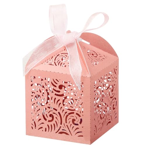 Pcivzxam 100 Stück geschnittene Geschenkboxen, 5,1 x 5,1 cm, kleine Geschenkboxen für Geschenke, Party, Hochzeit, Gastgeschenke, Boxen mit Band, Rosa, langlebig, einfach zu verwenden