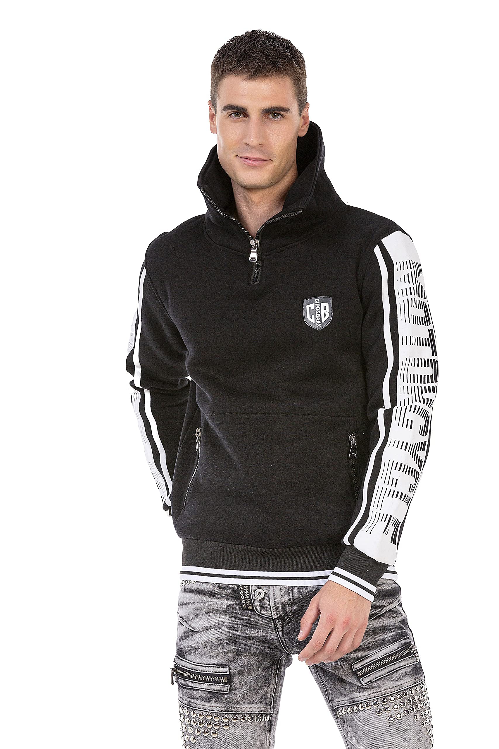 Cipo & Baxx Herren Hoodie Stehkragen Sweatshirt Pullover Sweater Reißverschluss Langarm CL463 Schwarz S