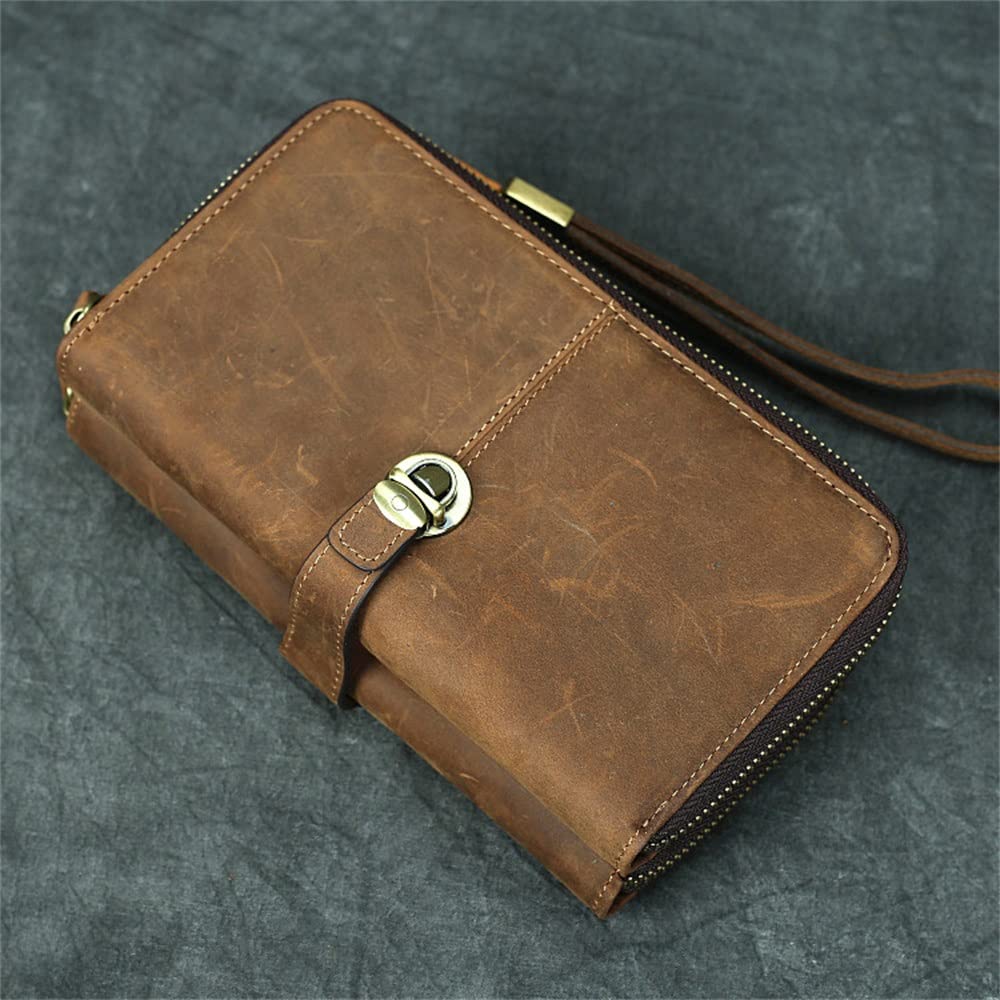 NEWNAN Handgefertigte Business-Casual-Herren-Retro-Geldbörse, große Kapazität, Clutch-Reißverschluss-Geldbörse, 6-Zoll-Handytasche (Farbe: A, Größe: 19 x 10 x 6 m)