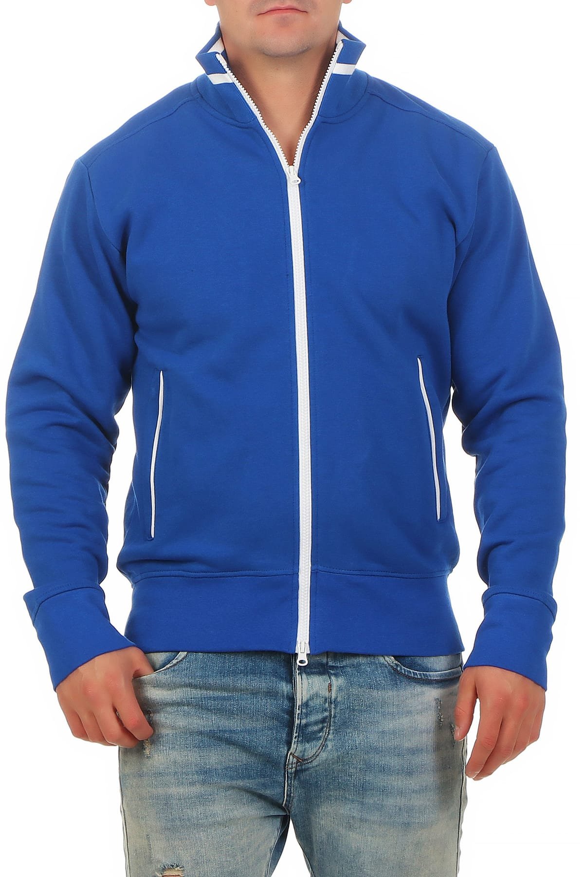 Happy Clothing Herren Sweatjacke sportlich ohne Kapuze - gestreifte Trainingsjacke - Sweatshirtjacke - Zip-Jacke Reißverschluss mit Kragen, Größe:XL, Farbe:Blau