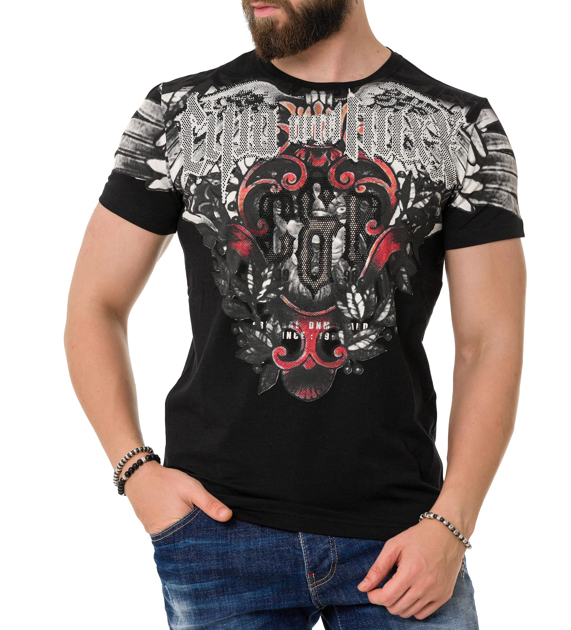 Cipo & Baxx Herren T-Shirt Print Strasssteine Kurzarm CT728 Schwarz L