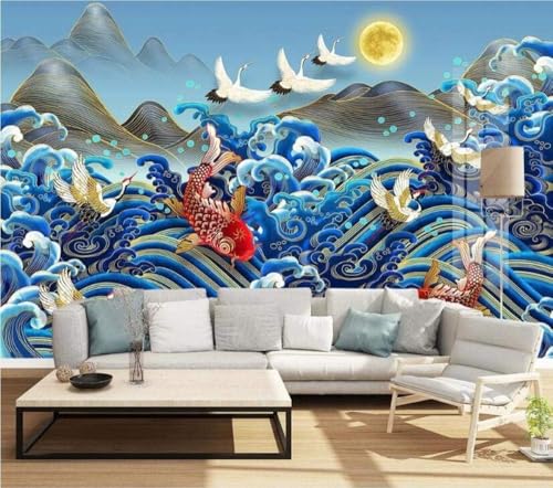 Abstrakte Wellen Fische Kraniche Mond 3D Tapete Poster Restaurant Schlafzimmer Wohnzimmer Sofa TV Dekorative Wand-350cm×256cm