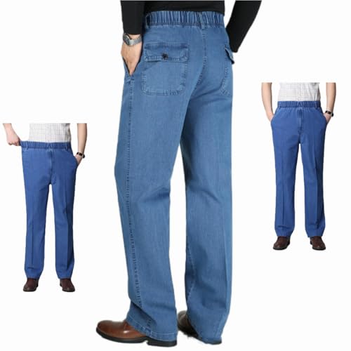 WINDEHAO Herren-Jeans zum Hineinschlüpfen, elastische Taille, Denim, gerade Hose, hellblau, dick, Größe XXL