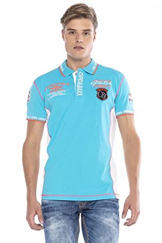 Cipo & Baxx Herren Poloshirt Kontrastfarben Prints Badges Freizeit Baumwolle Shirt CT605 Türkis S