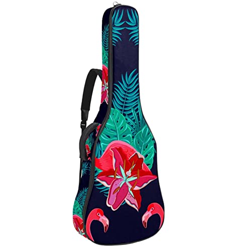 Akustikgitarre Tasche Dicke Polsterung Wasserdicht Dual Verstellbarer Schultergurt Gitarrenkoffer Gig Bag,Flamingo Tropical Green Hibiscus Leaves